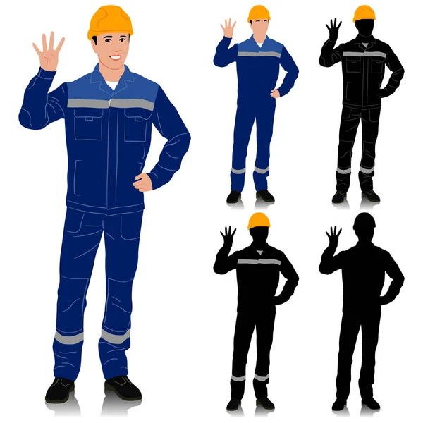 Handgezeichneter Arbeiter Mit Helm Und Overalls Mit Sicherheitsband Arbeiter Zeigt — Stockvektor