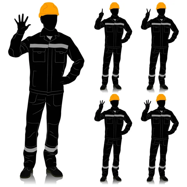 Silhouette Worker Wearing Helmet Overalls Safety Band Worker Shows One — Stock Vector