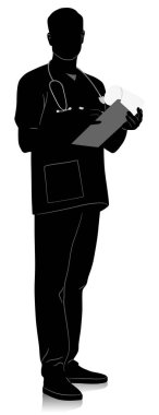Sağlık çalışanının silueti. Stetoskop ve not panosuyla gülümseyen mutlu bir doktor. Üniformalı erkek hemşire. Beyaz üzerine izole edilmiş vektör düz biçim illüstrasyonu. Tam uzunluk görünümü