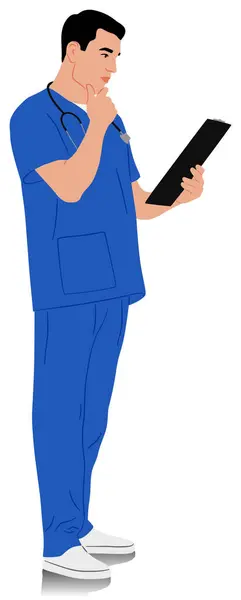 手作業による医療従事者 ステスコープとクリップボードで笑顔の医者 青い制服を着ている男性看護師 ベクトルフラットスタイルのイラストは白に分離されています 全長ビュー — ストックベクタ