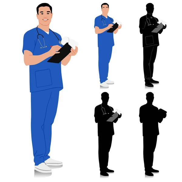 手绘保健工作者 带着听诊器和剪贴板的快乐微笑的医生 身穿蓝色制服的男护士 在白色上孤立的向量平面图形集 全长视图 — 图库矢量图片