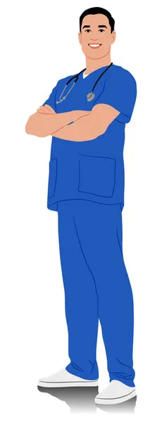 Χειροποίητος Υπάλληλος Υγείας Χαρούμενος Χαμογελαστός Γιατρός Στηθοσκόπιο Άνδρας Νοσοκόμος Μπλε — Διανυσματικό Αρχείο
