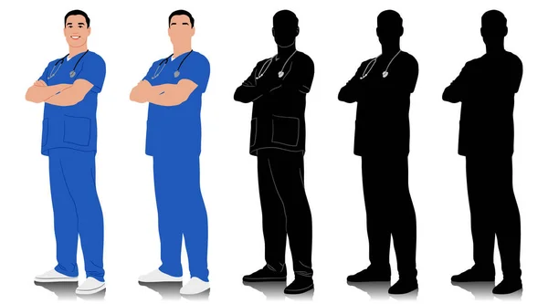 手绘保健工作者 带着听诊器的快乐微笑的医生 身穿蓝色制服的男护士 在白色上孤立的向量平面图形集 全长视图 — 图库矢量图片