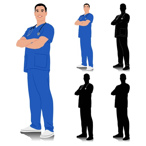 Χειροποίητος Υπάλληλος Υγείας Χαρούμενος Χαμογελαστός Γιατρός Στηθοσκόπιο Άνδρας Νοσοκόμος Μπλε — Διανυσματικό Αρχείο