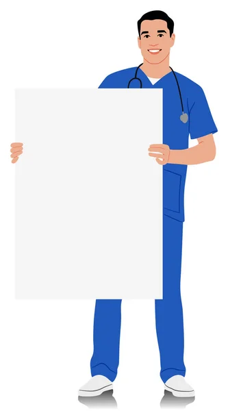 手作業による医療従事者 ステスコープを持った笑顔の医者 青い制服を着ている男性看護師 ベクトルフラットスタイルのイラストは白に分離されています 全長ビュー — ストックベクタ