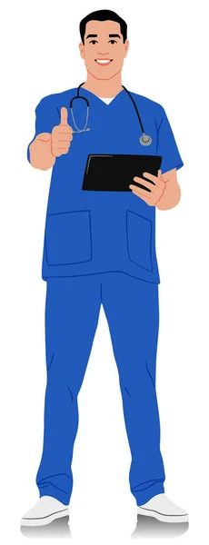 手作業による医療従事者 ステオスコープとタブレットで笑顔の医者 青い制服を着ている男性看護師 ベクトルフラットスタイルのイラストは白に分離されています 全長ビュー — ストックベクタ