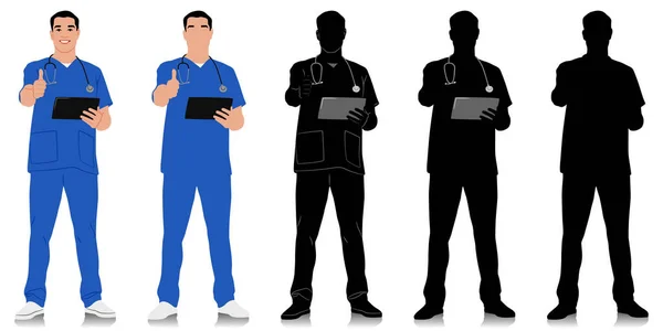 手绘保健工作者 带着听诊器和平板电脑的快乐微笑的医生 身穿蓝色制服的男护士 在白色上孤立的向量平面图形集 全长视图 — 图库矢量图片