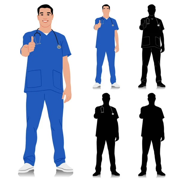 手绘保健工作者 带着听诊器的快乐微笑的医生竖起了大拇指 身穿蓝色制服的男护士 在白色上孤立的向量平面图形集 全长视图 — 图库矢量图片