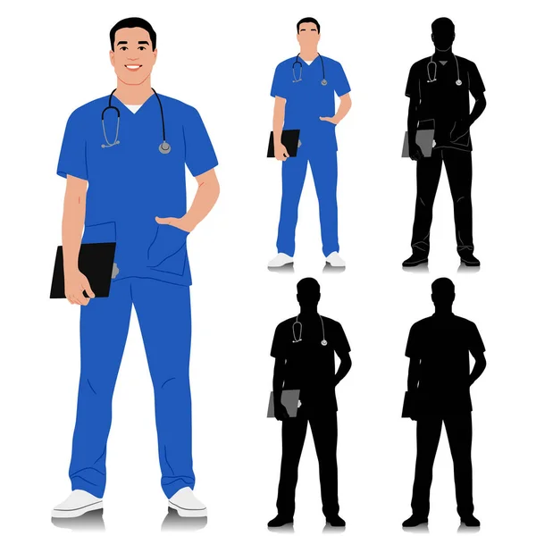 手绘保健工作者 带着听诊器和剪贴板的快乐微笑的医生 身穿蓝色制服的男护士 在白色上孤立的向量平面图形集 全长视图 — 图库矢量图片