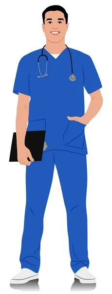 손으로 노동자 스테로스코프와 클립보드를 행복한 유니폼을 간호사 스타일 일러스트 흰색에 — 스톡 벡터