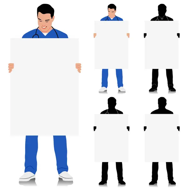 手作業による医療従事者 ステスコープを持った笑顔の医者 青い制服を着ている男性看護師 ベクトルフラットスタイルのイラストは白に分離されています 全長ビュー — ストックベクタ