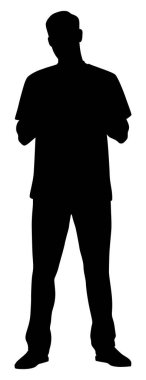 Sağlık çalışanının silueti. Steteskopla gülümseyen mutlu doktor. Üniformalı erkek hemşire. Beyaz üzerine izole edilmiş vektör düz biçim illüstrasyonu. Tam uzunluk görünümü