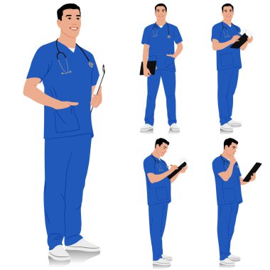 El yapımı sağlık çalışanı. Farklı pozlarda steteskop ve not panosuyla gülümseyen mutlu bir doktor. Mavi üniformalı erkek hemşire. Vektör düz biçim illüstrasyonu beyaz üzerine izole edildi