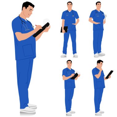 El yapımı sağlık çalışanı. Farklı pozlarda steteskop ve not panosuyla gülümseyen mutlu bir doktor. Mavi üniformalı erkek hemşire. Vektör düz biçim illüstrasyonu beyaz üzerine izole edildi