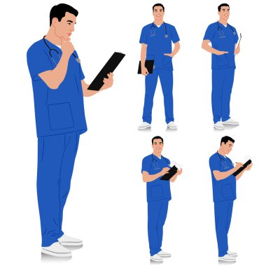 El yapımı sağlık çalışanı. Farklı pozlarda steteskop ve not panosuyla gülümseyen mutlu bir doktor. Mavi üniformalı erkek hemşire. Vektör düz biçim illüstrasyonu beyaz üzerine izole edildi