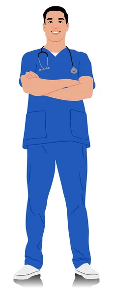 手作業による医療従事者 ステオスコープで笑顔の医者さん 青い制服を着ている男性看護師 ベクトルフラットスタイルのイラストは白に分離されています 全長ビュー — ストックベクタ