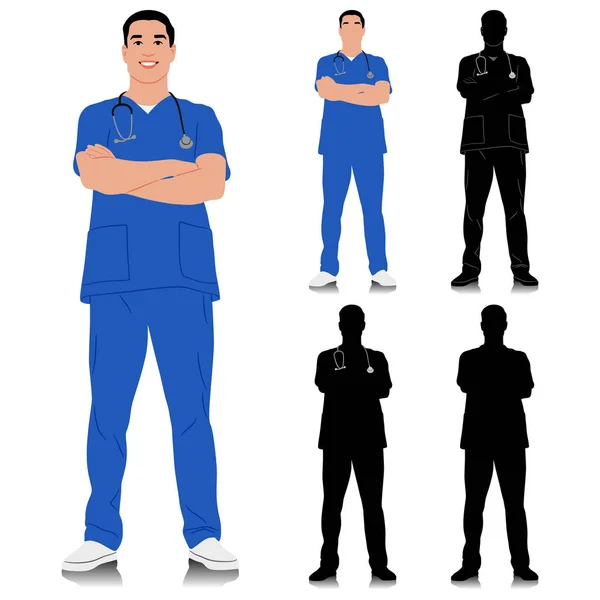 手作業による医療従事者 ステオスコープで笑顔の医者さん 青い制服を着ている男性看護師 ベクトルフラットスタイルのイラストは白に分離されています 全長ビュー — ストックベクタ