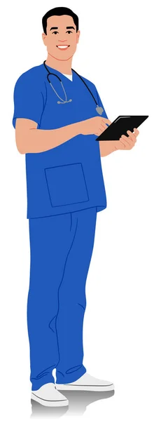 Trabajador Sanitario Dibujado Mano Feliz Médico Sonriente Con Estetoscopio Una — Vector de stock