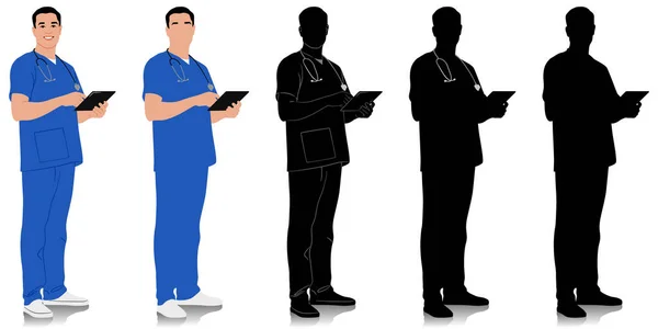 手绘保健工作者 带着听诊器和平板电脑的快乐微笑的医生 身穿蓝色制服的男护士 在白色上孤立的向量平面图形集 全长视图 — 图库矢量图片