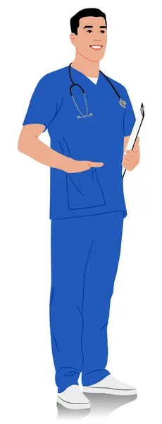 손으로 노동자 스테로스코프와 클립보드를 행복한 유니폼을 간호사 스타일 일러스트 흰색에 — 스톡 벡터