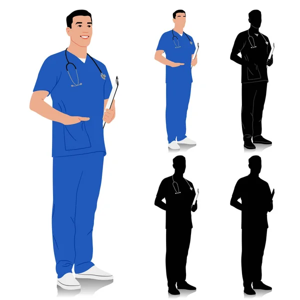 手作業による医療従事者 ステスコープとクリップボードで笑顔の医者 青い制服を着ている男性看護師 ベクトルフラットスタイルのイラストは白に分離されています 全長ビュー — ストックベクタ