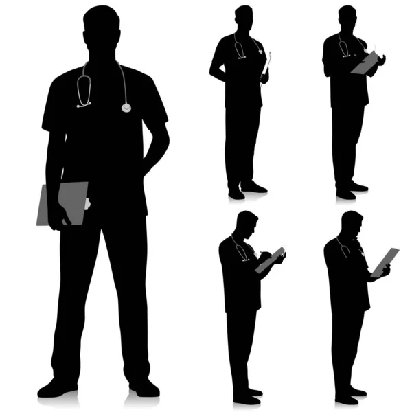 Silhouette Healthcare Worker Doctor Stethoscope Clipboard Male Nurse Uniform Vector — Stock Vector