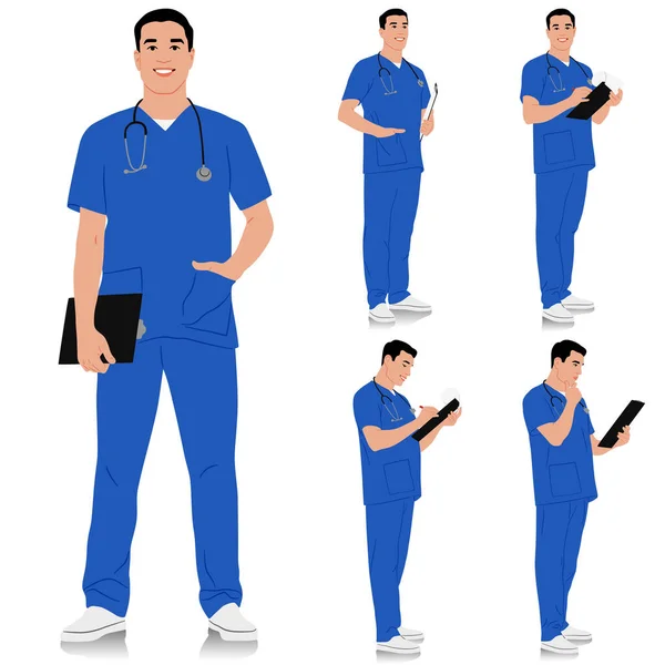 手作業による医療従事者 さまざまなポーズでステートスコープとクリップボードを持つ幸せな笑顔の医師 青い制服を着ている男性看護師 ベクトルフラットスタイルのイラストが白に分離 — ストックベクタ