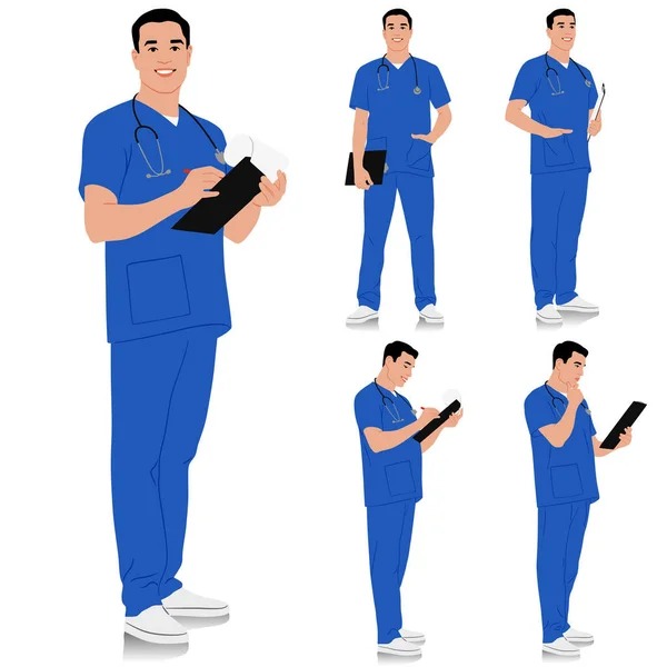 手作業による医療従事者 さまざまなポーズでステートスコープとクリップボードを持つ幸せな笑顔の医師 青い制服を着ている男性看護師 ベクトルフラットスタイルのイラストが白に分離 — ストックベクタ