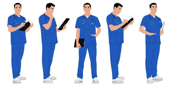 手绘保健工作者 带着听诊器和不同姿势的剪贴板的快乐微笑的医生 身穿蓝色制服的男护士 在白色上孤立的向量平面图形集 — 图库矢量图片