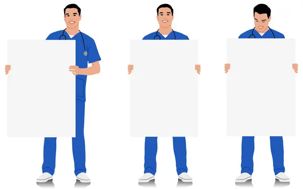 手绘保健工作者 带着听诊器的快乐微笑的医生 身穿蓝色制服的男护士摆姿势 在白色上孤立的向量平面图形集 — 图库矢量图片