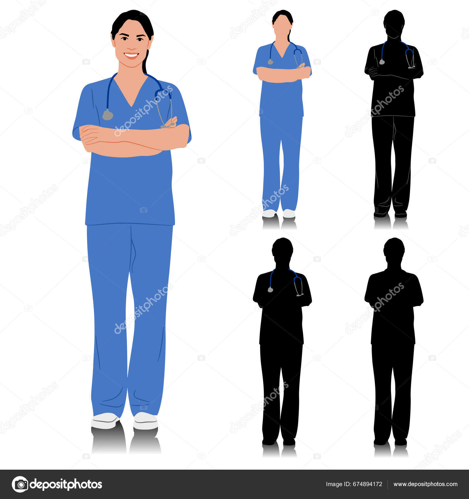 Χειροποίητη Γυναίκα Νοσηλεύτρια Χαρούμενη Χαμογελαστή Γιατρός Στηθοσκόπιο  Νοσοκόμα Μπλε Στολή Διανυσματικό Αρχείο από ©mesh.dsgn674894172