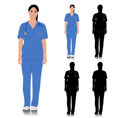 El çizimi kadın sağlık çalışanı. Steteskopla gülümseyen mutlu bir bayan doktor. Mavi üniformalı hemşire. Beyaz üzerine izole edilmiş vektör düz biçim illüstrasyonu. Tam uzunluk görünümü