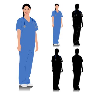 El çizimi kadın sağlık çalışanı. Steteskopla gülümseyen mutlu bir bayan doktor. Mavi üniformalı hemşire. Beyaz üzerine izole edilmiş vektör düz biçim illüstrasyonu. Tam uzunluk görünümü
