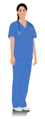 El çizimi kadın sağlık çalışanı. Steteskopla gülümseyen mutlu bir bayan doktor. Mavi üniformalı hemşire. Beyaz üzerine izole edilmiş vektör düz biçim illüstrasyonu. Tam uzunluk görünümü