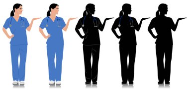 El çizimi kadın sağlık çalışanı. Steteskopla gülümseyen mutlu bir bayan doktor. Mavi üniformalı hemşire. Beyaz üzerine izole edilmiş vektör düz biçim illüstrasyonu. Tam uzunluk görünümü
