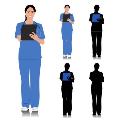 El çizimi kadın sağlık çalışanı. Steteskopla gülümseyen mutlu bir bayan doktor. Mavi üniformalı hemşire elinde dosya tutuyor. Beyaz üzerine izole edilmiş vektör düz biçim illüstrasyonu. Tam uzunluk görünümü