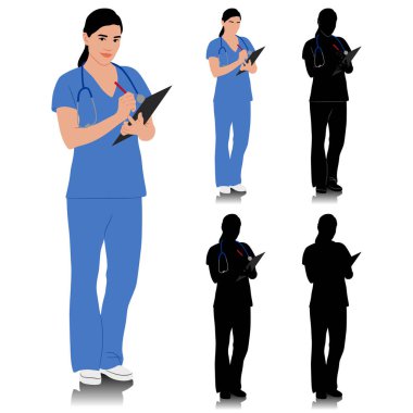 El çizimi kadın sağlık çalışanı. Steteskopla gülümseyen mutlu bir bayan doktor. Mavi üniformalı hemşire elinde dosya tutuyor. Beyaz üzerine izole edilmiş vektör düz biçim illüstrasyonu. Tam uzunluk görünümü