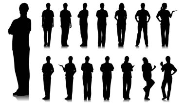 Kadın sağlık çalışanının silueti. Steteskopla gülümseyen mutlu doktor. Mavi üniformalı kadın hemşire poz veriyor. Farklı renk seçenekleri. Vektör düz biçim illüstrasyonu beyaz üzerine izole edildi