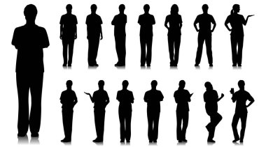 Kadın sağlık çalışanının silueti. Steteskopla gülümseyen mutlu doktor. Mavi üniformalı kadın hemşire poz veriyor. Farklı renk seçenekleri. Vektör düz biçim illüstrasyonu beyaz üzerine izole edildi