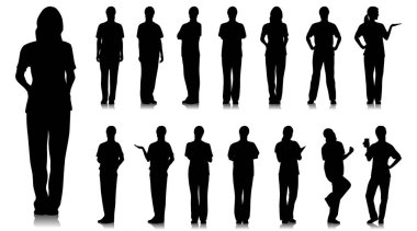 Kadın sağlık çalışanının silueti. Steteskopla gülümseyen mutlu doktor. Mavi üniformalı kadın hemşire poz veriyor. Farklı renk seçenekleri. Vektör düz biçim illüstrasyonu beyaz üzerine izole edildi