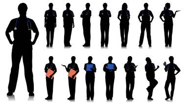 Kadın sağlık çalışanının silueti. Steteskopla gülümseyen mutlu doktor. Mavi üniformalı kadın hemşire poz veriyor. Farklı renk seçenekleri. Vektör düz biçim illüstrasyonu beyaz üzerine izole edildi