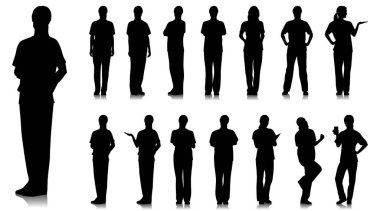 Kadın sağlık çalışanının silueti. Steteskopla gülümseyen mutlu doktor. Mavi üniformalı kadın hemşire poz veriyor. Farklı renk seçenekleri. Vektör düz biçim illüstrasyonu beyaz üzerine izole edildi