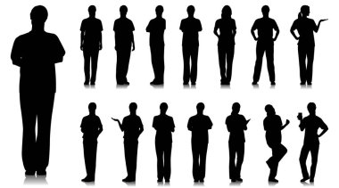 Kadın sağlık çalışanının silueti. Steteskopla gülümseyen mutlu doktor. Mavi üniformalı kadın hemşire poz veriyor. Farklı renk seçenekleri. Vektör düz biçim illüstrasyonu beyaz üzerine izole edildi