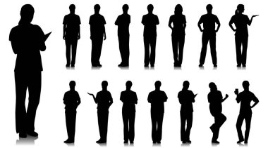 Kadın sağlık çalışanının silueti. Steteskopla gülümseyen mutlu doktor. Mavi üniformalı kadın hemşire poz veriyor. Farklı renk seçenekleri. Vektör düz biçim illüstrasyonu beyaz üzerine izole edildi