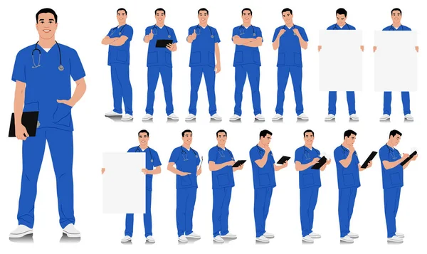 手作業による医療従事者 ステオスコープで笑顔の医者さん 青いユニフォームのポーズの男性看護師 ベクトルフラットスタイルのイラストが白に分離 — ストックベクタ