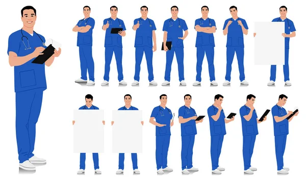 Handgezeichnete Gesundheitsfachangestellte Glücklich Lächelnder Arzt Mit Stethoskop Krankenpfleger Blauer Uniform — Stockvektor