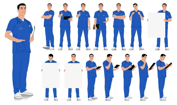 手作業による医療従事者 ステオスコープで笑顔の医者さん 青いユニフォームのポーズの男性看護師 ベクトルフラットスタイルのイラストが白に分離 — ストックベクタ