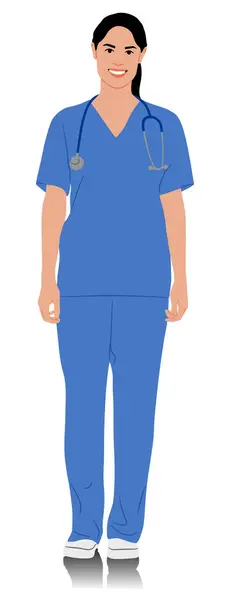 Ručně Tažená Pracovnice Zdravotnictví Šťastně Usmívající Doktorka Stetoskopem Sestra Modré — Stockový vektor
