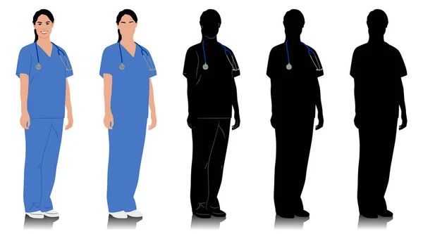 女性医療従事者 女性医師の笑顔で 心臓視鏡を持っています 青い制服を着ている看護師 ベクトルフラットスタイルのイラストは白に分離されています 全長ビュー — ストックベクタ