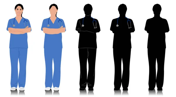 Trabajadora Salud Dibujada Mano Feliz Doctora Sonriente Con Estetoscopio Enfermera — Archivo Imágenes Vectoriales